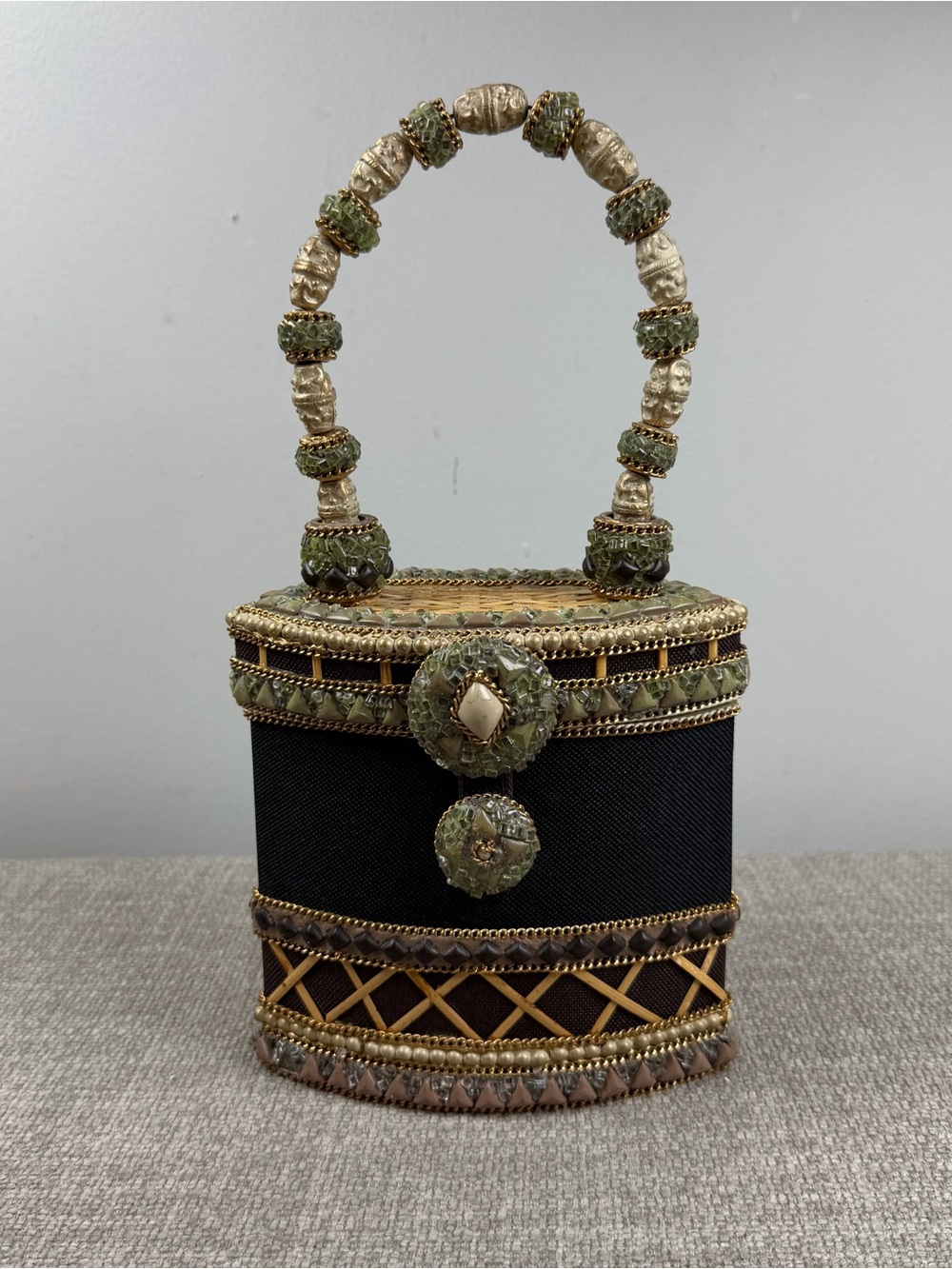 Mary Frances Evening Bag Purse Beaded Embellished Black Rattan Green Artsy